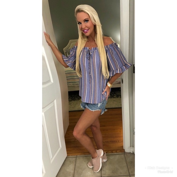 ❤️LAST 1! Off Shoulder Blue/Lavender Striped Top! - Picture 4 of 6